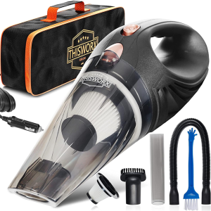 ThisWorx Car Vacuum Cleaner - Car Accessories - Small 12V High Power Handheld Portable Car Vacuum w/Attachments, 16 Ft Cord & Bag - Detailing Kit Esse